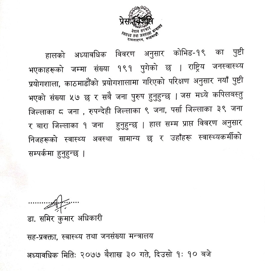 नेपालमा एकै दिन ५७ जना पुरुषमा कोरोना संक्रमण